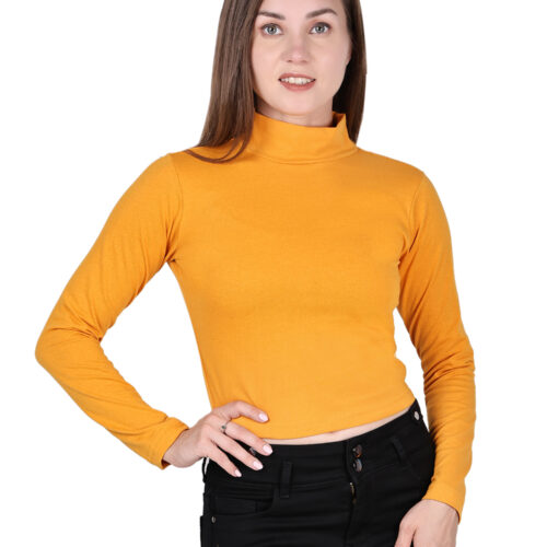 Women's Mustard Yellow High Neck Full Sleeve Crop Top