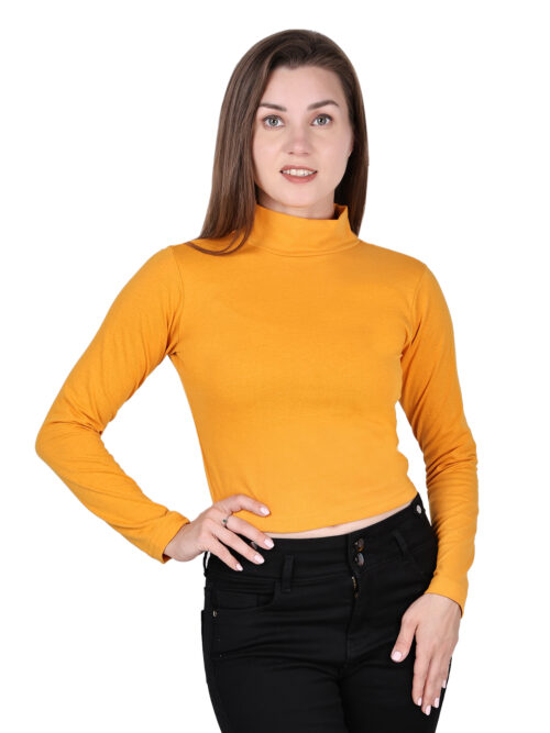 Women's Mustard Yellow High Neck Full Sleeve Crop Top