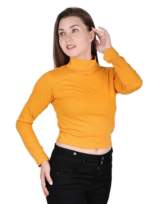 Women's Mustard Yellow High Neck Full Sleeve Crop Top - Image 3