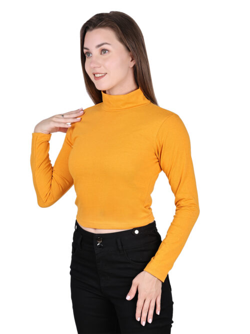 Women's Mustard Yellow High Neck Full Sleeve Crop Top - Image 4