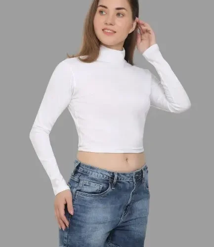 Women's High Neck Crop Top Full Sleeve, Back Cutout (Multicolor)
