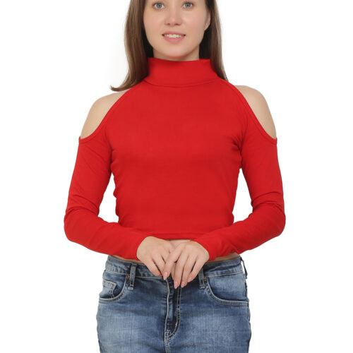 Women's cold shoulder crop top with long sleeves and high neck
