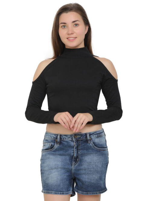 Women's Cold Shoulder Crop Top – High Neck & Long Sleeves - Image 33
