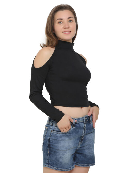 Women's Cold Shoulder Crop Top – High Neck & Long Sleeves - Image 34