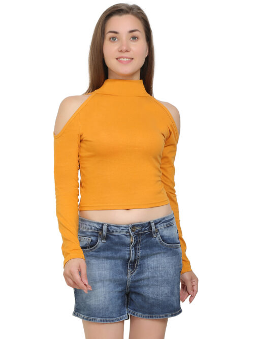 Women's Cold Shoulder Crop Top – High Neck & Long Sleeves - Image 2