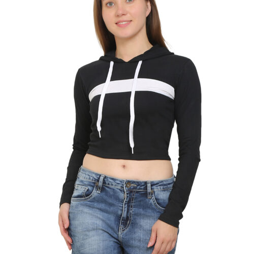 Women's Black Crop Hoodie with Cotton