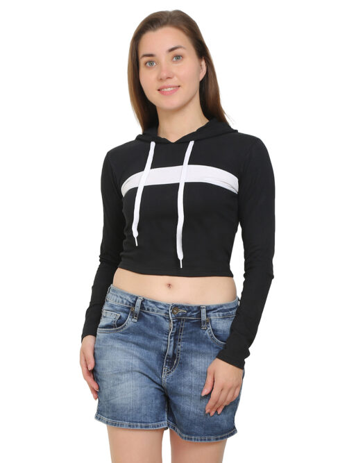 Women's Black Crop Hoodie with Cotton