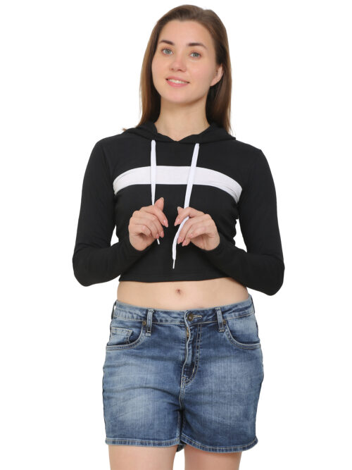 "Black cotton two-piece set for women – crop hoodie and shorts flat lay"