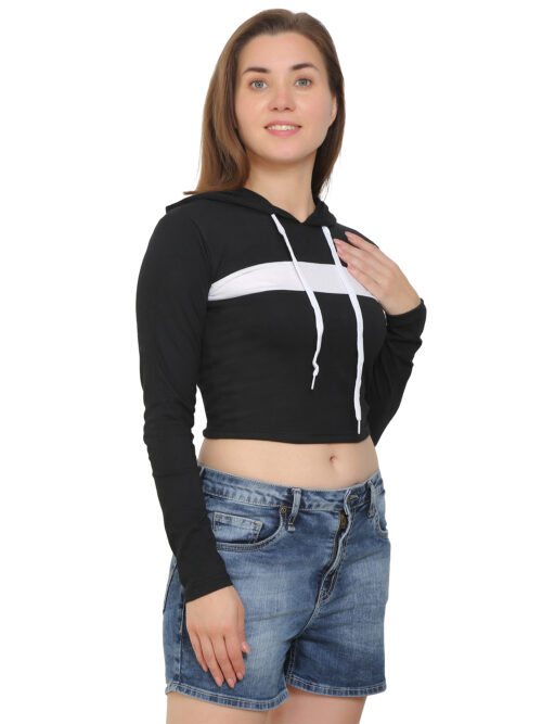 Women's Black Crop Hoodie with Cotton - Image 3