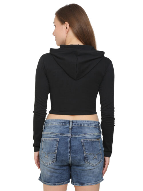 "Back view of women's black cotton co-ord set with hoodie and shorts"
