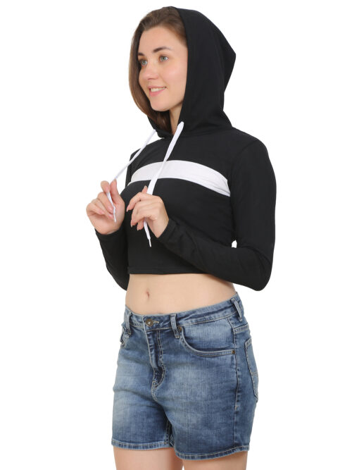 "Side view of black crop hoodie and cotton shorts outfit for women"