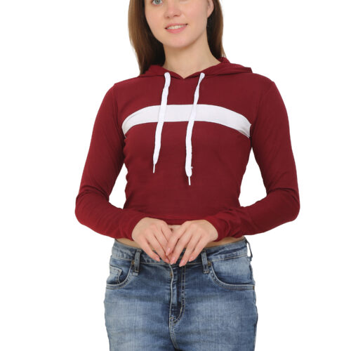 "Women's maroon crop hoodie and cotton shorts summer co-ord set – front view"