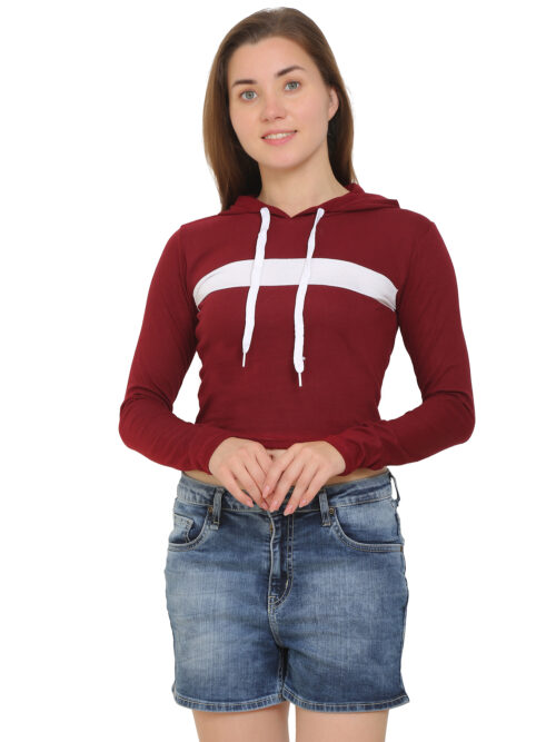 "Women's maroon crop hoodie and cotton shorts summer co-ord set – front view"
