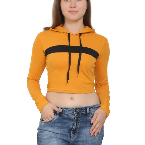 "Front view of women’s yellow crop hoodie with cotton shorts"