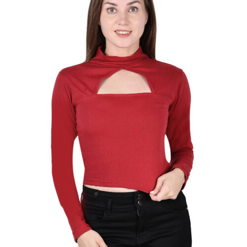 Red Full Sleeve Crop Top with Front Cutout