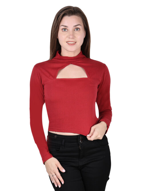 Red Full Sleeve Crop Top with Front Cutout