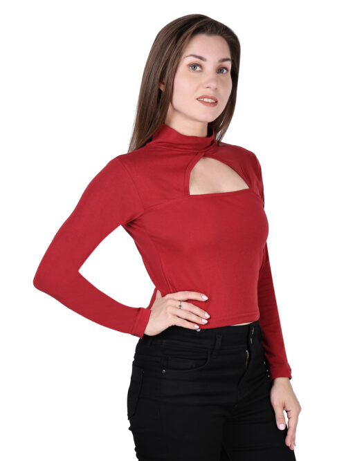 Red Full Sleeve Crop Top for Women | Front Cutout Design - Image 3
