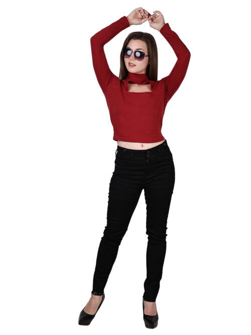 Red Full Sleeve Crop Top for Women | Front Cutout Design - Image 7