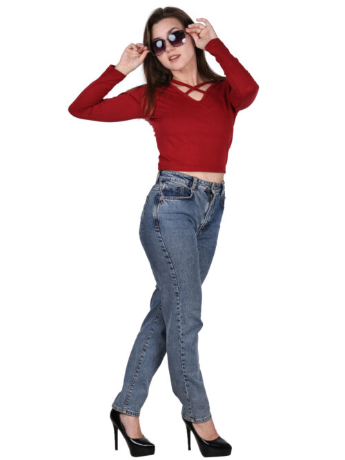 Red Full Sleeve Crop Top for Women | Criss-Cross Neck Design - Image 2