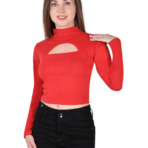 Woman wearing multicolor full sleeve crop top with front cut-out