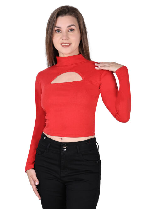 Woman wearing multicolor full sleeve crop top with front cut-out