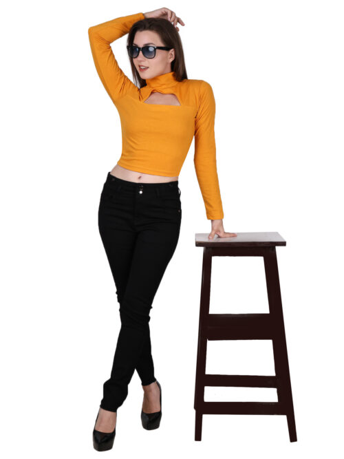 Multicolor Full Sleeve Crop Top for Women-Front Cut-Out Design - Image 3