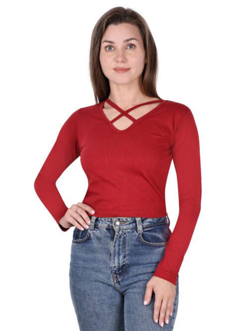 Red Full Sleeve Crop Top for Women | Criss-Cross Neck Design - Image 3