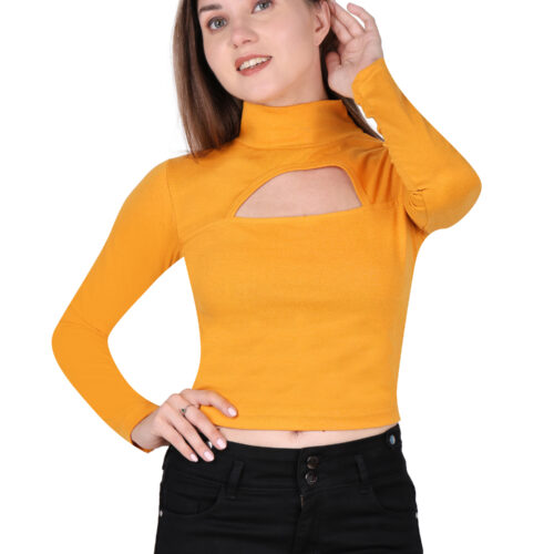 Woman wearing multicolor full sleeve crop top with front cut-out