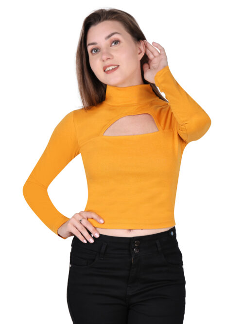 Woman wearing multicolor full sleeve crop top with front cut-out