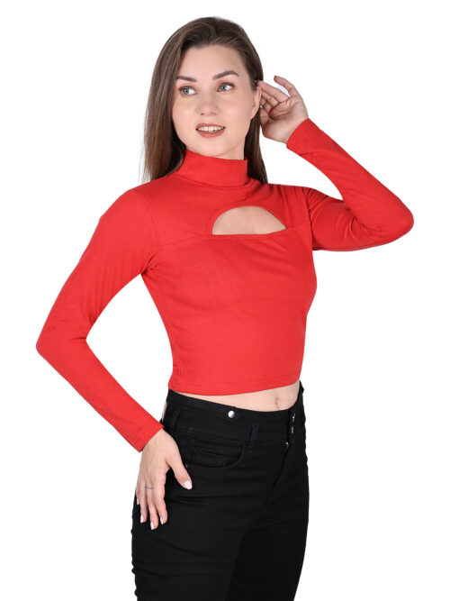 Woman wearing multicolor full sleeve crop top with front cut-out