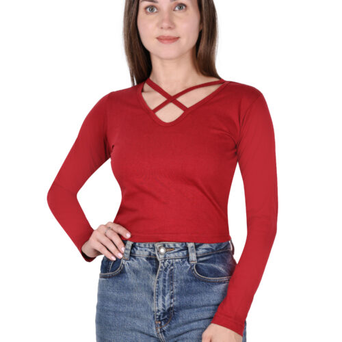 Red full sleeve crop top with criss-cross neckline for women