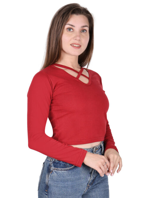 Red Full Sleeve Crop Top for Women | Criss-Cross Neck Design - Image 4