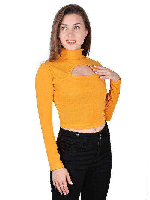 Multicolor Full Sleeve Crop Top for Women-Front Cut-Out Design - Image 5