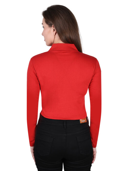Woman wearing multicolor full sleeve crop top with front cut-out