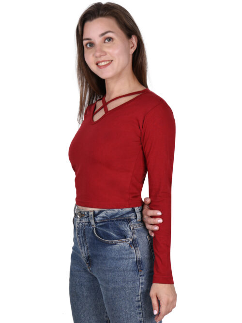 Red Full Sleeve Crop Top for Women | Criss-Cross Neck Design - Image 5