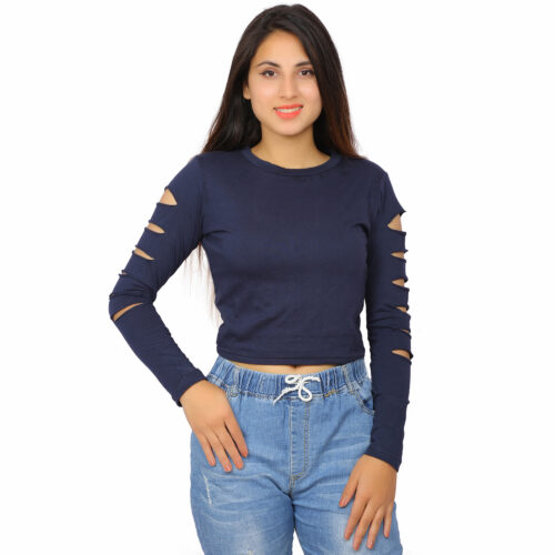 Women’s Multicolor Cut-Out Sleeve Crop Top – Full Sleeve Fit - Image 3