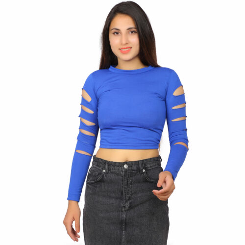 Woman wearing solid color cut-out sleeve crop top – front view