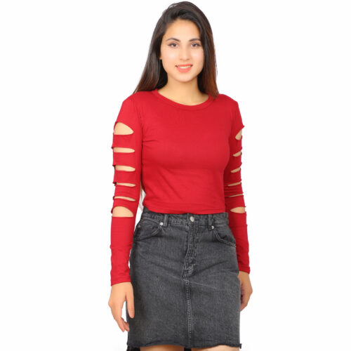 Women’s Multicolor Cut-Out Sleeve Crop Top – Full Sleeve Fit - Image 20