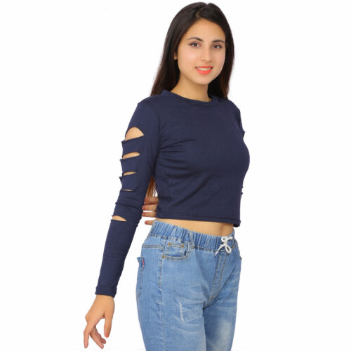 Women’s Multicolor Cut-Out Sleeve Crop Top – Full Sleeve Fit - Image 4
