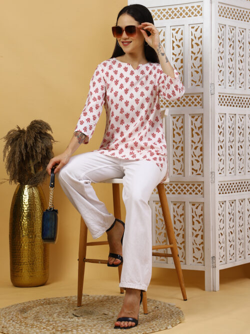 Multicolor Floral Printed Cotton Kurti for Women – 3/4 Sleeve - Image 2