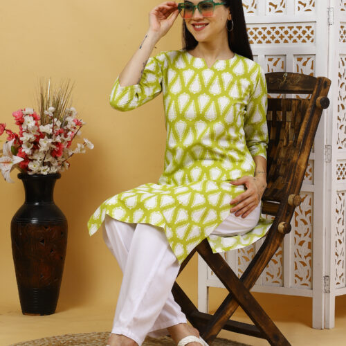 Multicolor printed cotton kurti for women – front view with 3/4 sleeves