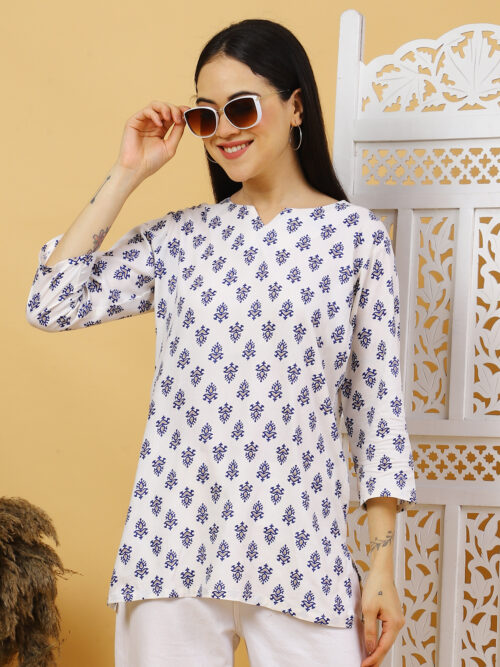 Multicolor Floral Printed Cotton Kurti for Women – 3/4 Sleeve - Image 26