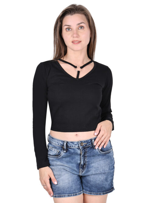 Women’s multicolor full sleeve crop top with ring neck design