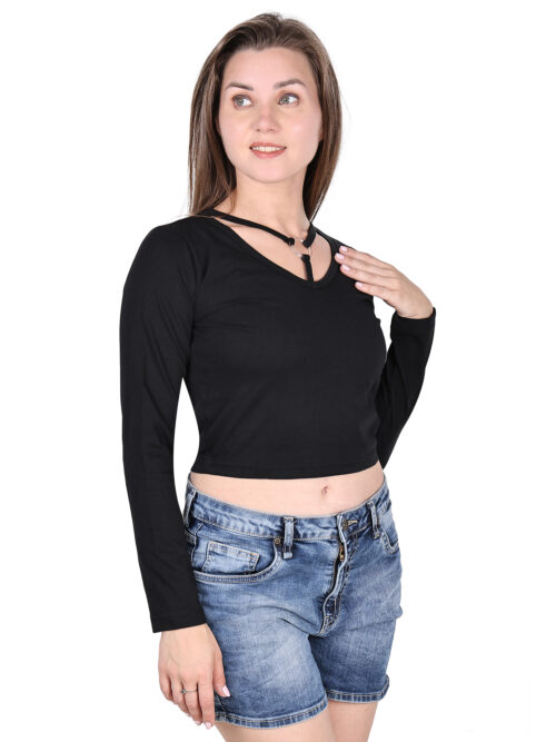 Black Full Sleeve Crop Top for Women | Ring Neck Design - Image 5