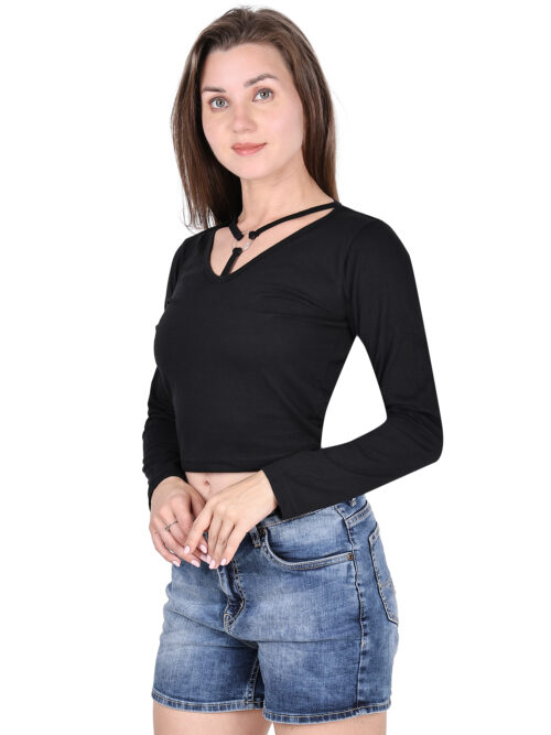 Black Full Sleeve Crop Top for Women | Ring Neck Design - Image 6