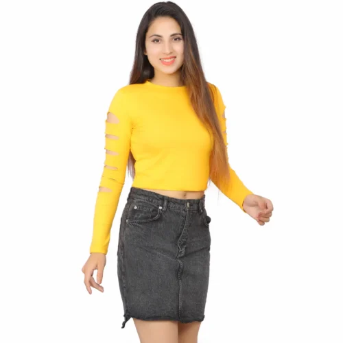 Woman wearing yellow cut-out sleeve crop top with black denim skirt – front, side, and back views