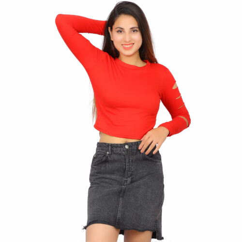 Women's Red Cut-Out Sleeve Crop Top – Full Sleeve Style - Image 5