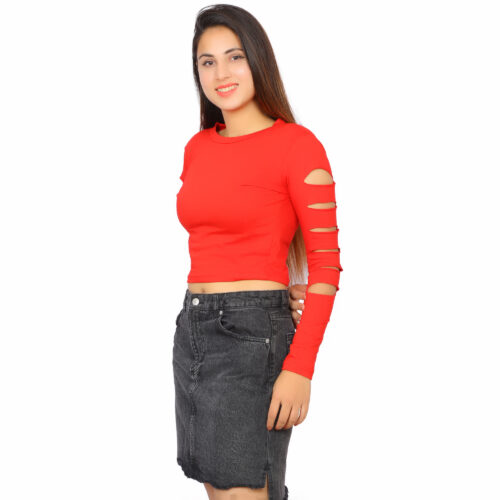 Women’s Multicolor Cut-Out Sleeve Crop Top – Full Sleeve Fit - Image 23